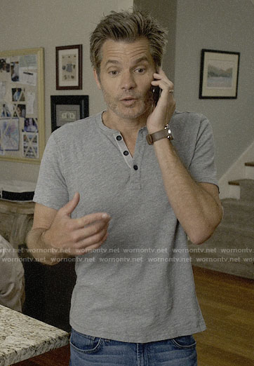 Joel’s grey henley tee on Santa Clarita Diet