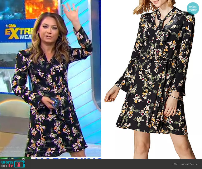 Karen Millen Daisy Print Tie-Neck Dress worn by Ginger Zee on Good Morning America