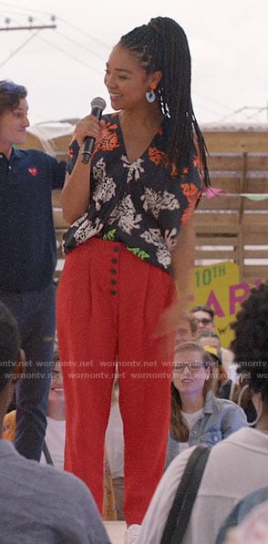 Kat’s printed cold-shoulder top and red pants on The Bold Type