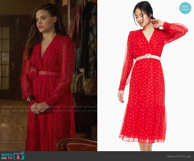 Kate Spade Heartbeat Silk Midi Dress worn by Maggie Vera (Sarah Jeffery) on Charmed
