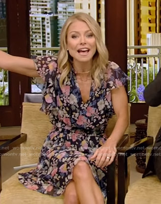Kelly’s black floral ruffled dress on Live with Kelly and Ryan
