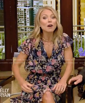 Kelly’s black floral ruffled dress on Live with Kelly and Ryan