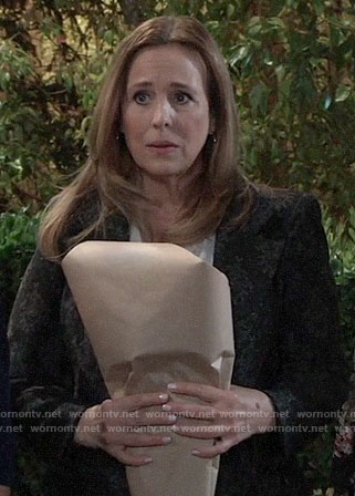 Laura’s black damask print blazer on General Hospital
