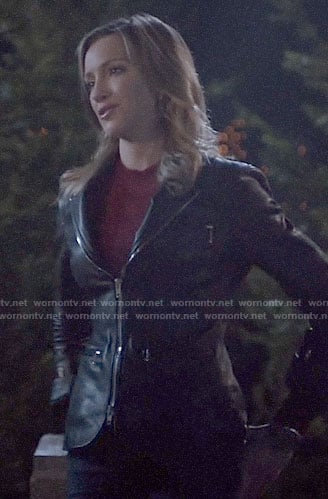 Laurel’s leather jacket with zips on Arrow