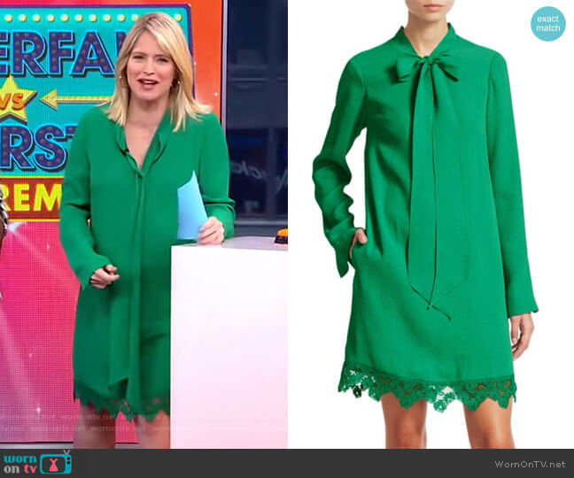 Lela Rose Cloque Neck Tie Lace Hem Dress worn by Sara Haines on Good Morning America