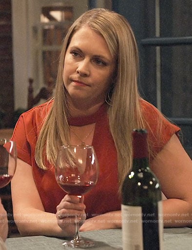 Liz’s orange keyhole top on No Good Nick