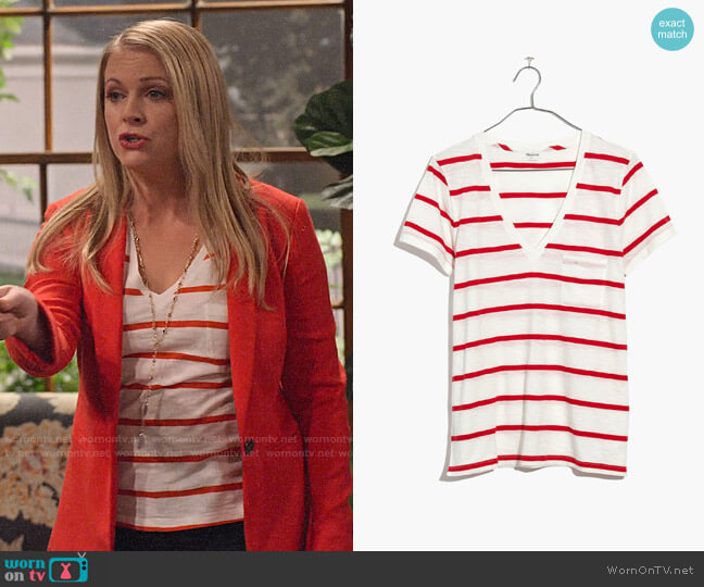 Madewell Whisper Cotton V-neck Tee in Creston Stripe worn by Liz (Melissa Joan Hart) on No Good Nick