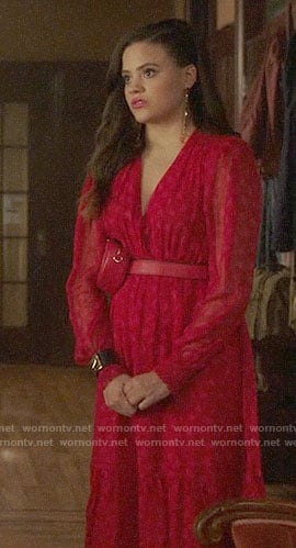 Maggie’s red midi dress and heart studded belt bag on Charmed