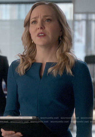 Marissa’s teal blue split neck dress on Bull