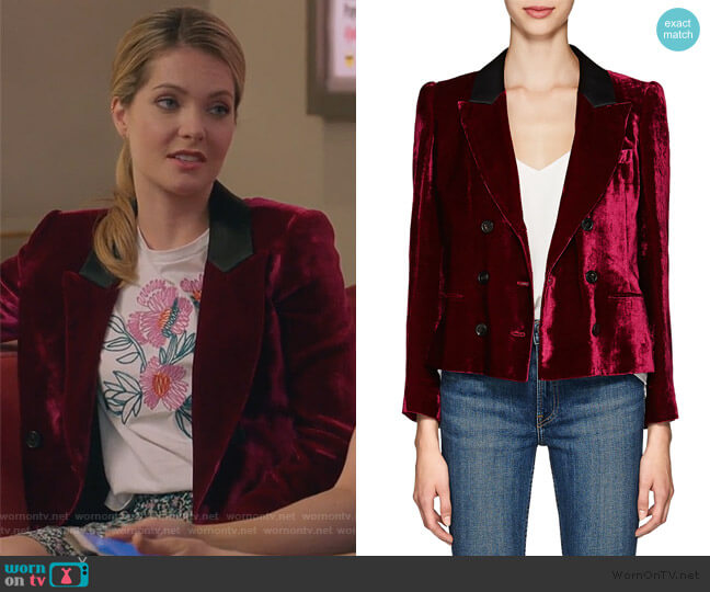 Masscob Marion Velvet Double-Breasted Crop Blazer worn by Sutton (Meghann Fahy) on The Bold Type