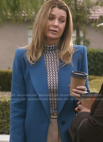 Meredith’s v-print top and blue coat on Grey’s Anatomy