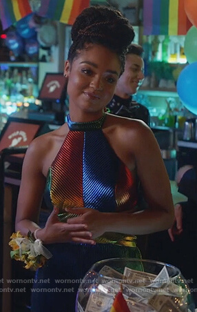 Kat’s metallic halterneck dress on The Bold Type