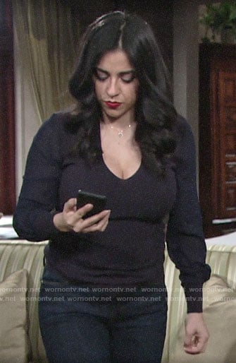 Mia’s navy mesh sleeve sweater on The Young and the Restless
