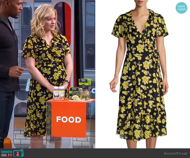 MICHAEL Michael Kors Ruffled Floral Midi Wrap Dress worn by Sara Haines on Good Morning America