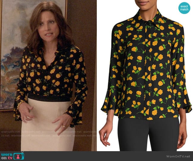 Michael Kors Scattered Roses Silk Flare-Sleeve Blouse worn by Selina Meyer (Julia Louis-Dreyfus) on Veep