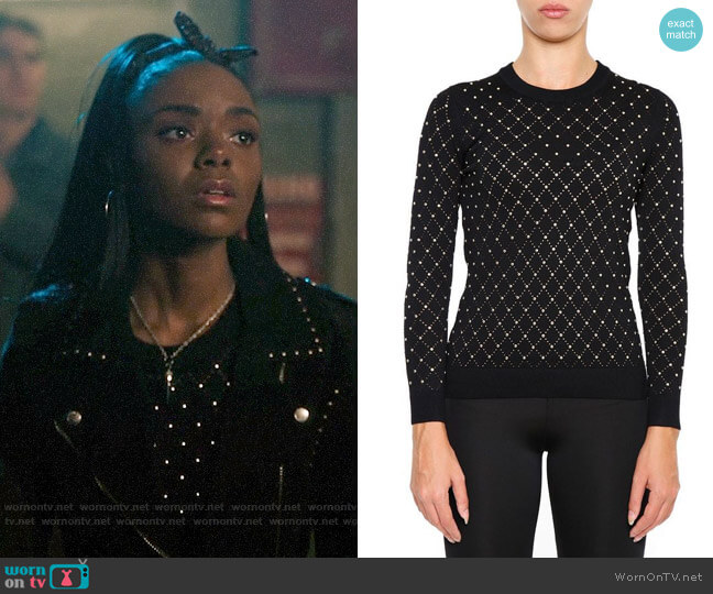 Michael Kors Studded Argyle Knit Top worn by Josie McCoy (Ashleigh Murray) on Riverdale