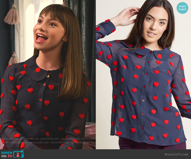 Modcloth Sheer Chiffon Blouse with Chenille Heart Dots worn by Molly (Lauren Lindsey Donzis) on No Good Nick