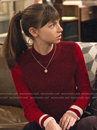 Molly’s red colorblock sweater and silver oxfords on No Good Nick