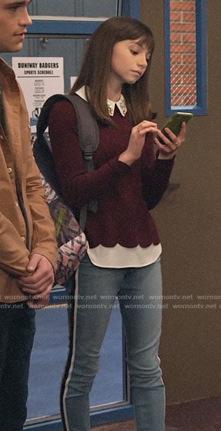 Molly’s burgundy sweater with embellished collar on No Good Nick