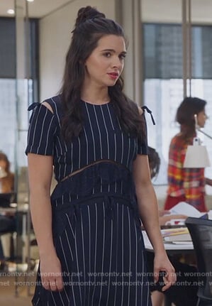 Jane’s blue pinstripe asymmetric dress on The Bold Type