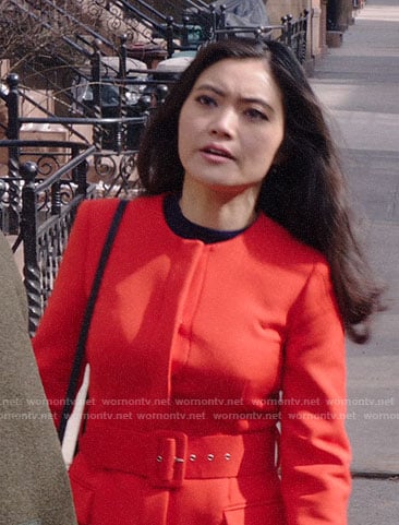 The new girl’s red belted coat on God Friended Me