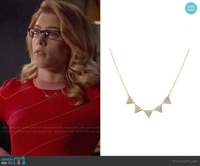 Peggy Li Triangles Necklace in 5 triangles, gold worn by Felicity Smoak (Emily Bett Rickards) on Arrow