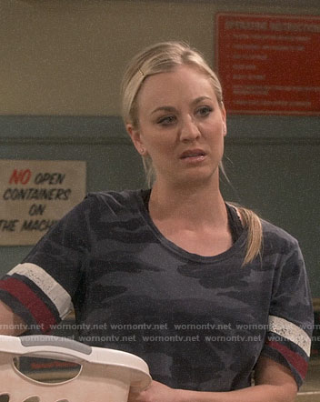 Penny’s camo tee with striped sleeves on The Big Bang Theory