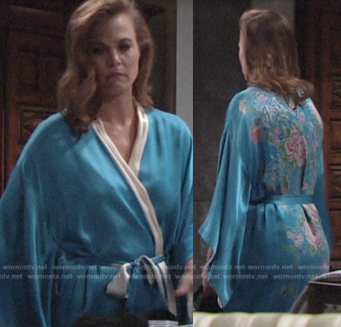 Phyllis’s blue robe with floral back on The Young and the Restless
