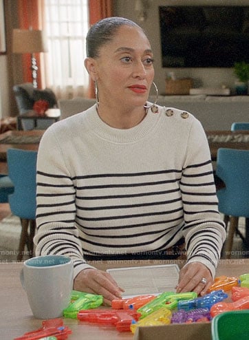 Bo’s striped shoulder button sweater on Black-ish