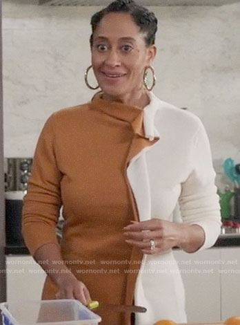 Bo’s tan and white ruffled sweater on Black-ish