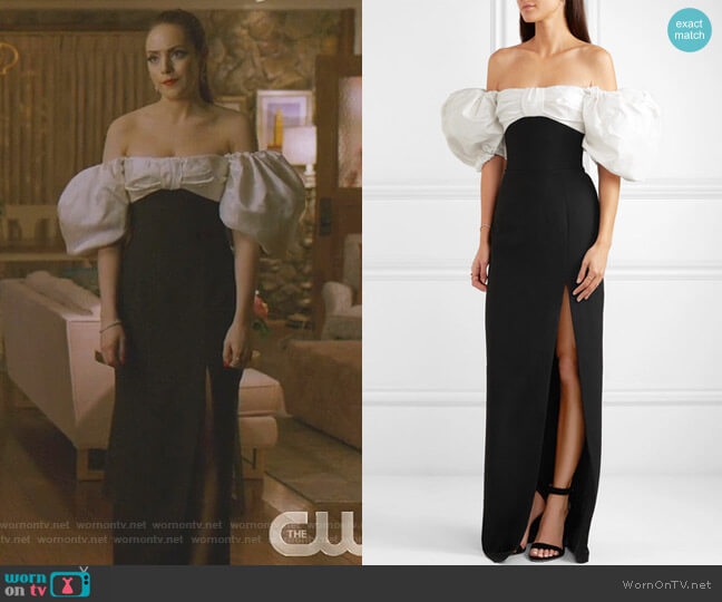 Rasario Off-the-Shoulder Crepe and Shantung Gown worn by Fallon Carrington (Elizabeth Gillies) on Dynasty