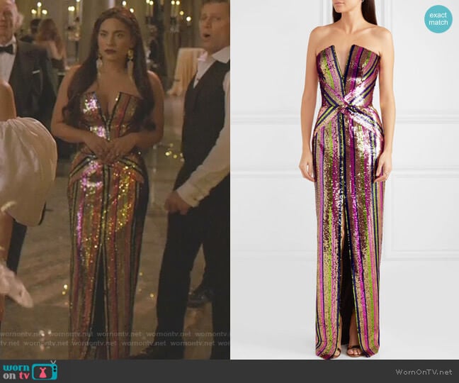 Rasario Strapless Sequined Crepe Gown worn by Cristal Jennings (Daniella Alonso) on Dynasty