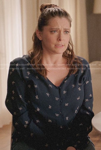 Rebecca’s navy butterfly print top on Crazy Ex-Girlfriend