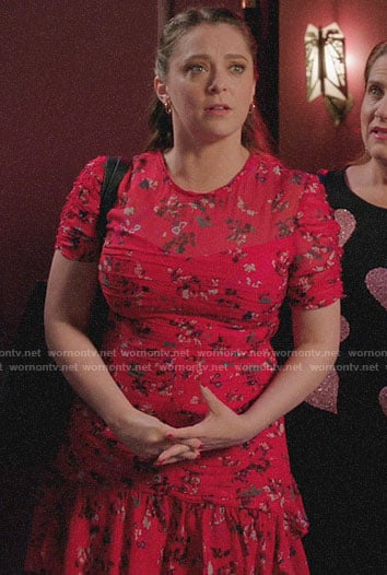 Rebecca’s red floral ruched dress on Crazy Ex-Girlfriend