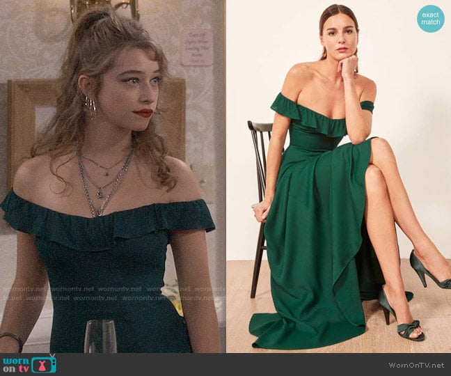 Reformation Verbena Dress in Emerald worn by Shannon (Odessa Adlon) on Fam