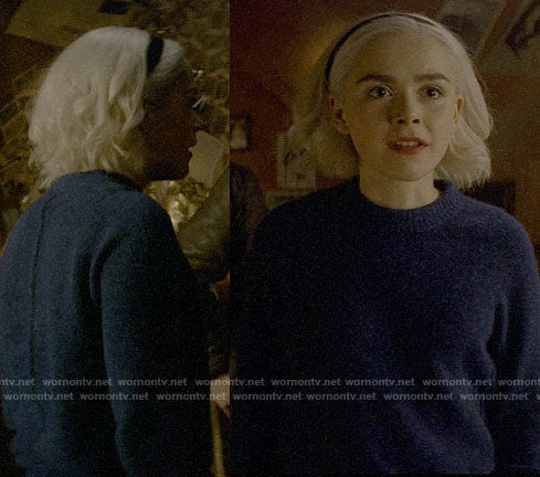 Sabrina’s blue textured sweater on Chilling Adventures of Sabrina