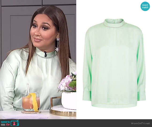 Sandro Embellished Satin Blouse worn by Adrienne Houghton on The Real