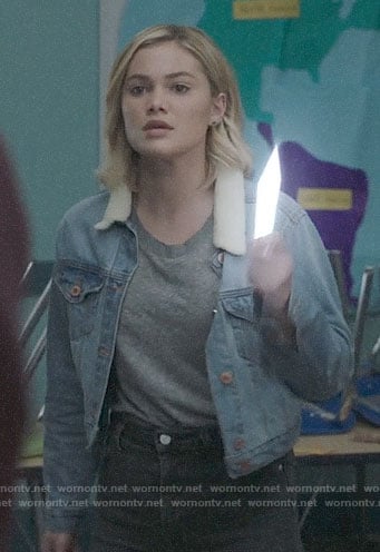 Tandy’s cropped denim jacket with shearling collar on Cloak and Dagger