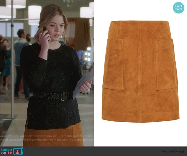 Banana Republic Stretch-Suede Mini Skirt worn by Alison DiLaurentis (Sasha Pieterse) on Pretty Little Liars The Perfectionists
