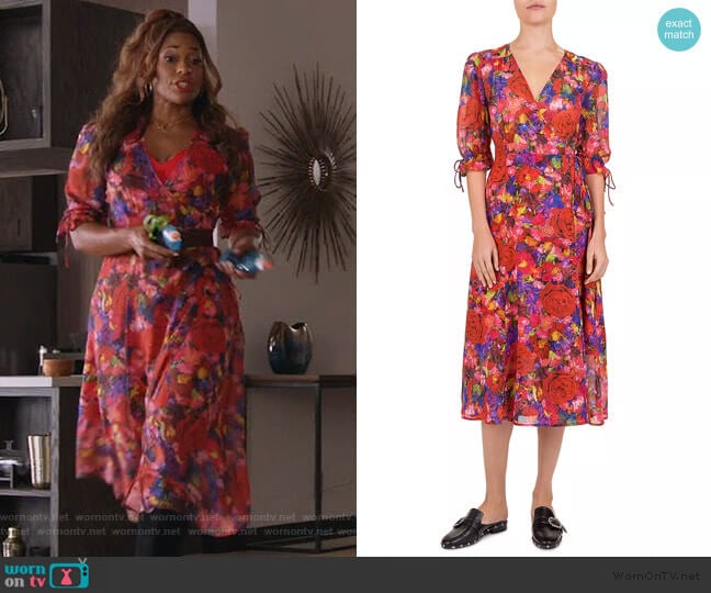 The Kooples Summer Night Floral-Print Silk Wrap Dress worn by Poppy (Kimrie Lewis) on Single Parents
