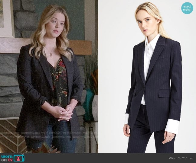 Theory Good Wool Pinstripe Long Blazer worn by Alison DiLaurentis (Sasha Pieterse) on Pretty Little Liars The Perfectionists