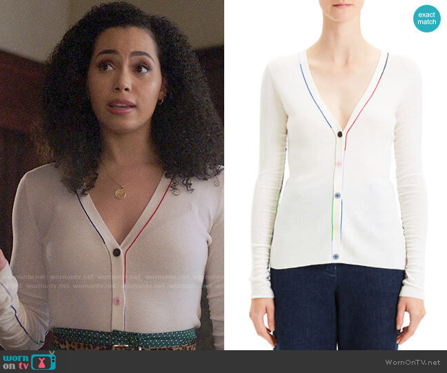 Theory Embroidered V-Neck Wool Cardigan worn by Macy Vaughn (Madeleine Mantock) on Charmed