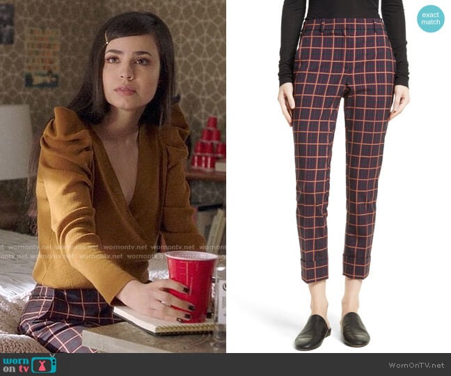 Theory York Plaid Cuffed Crop Pants worn by Ava Jalali (Sofia Carson) on Pretty Little Liars The Perfectionists