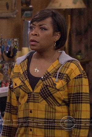 Tina’s yellow plaid hooded shirt on The Neighborhood