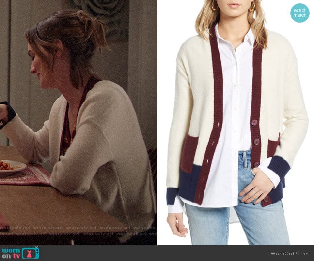 Treasure & Bond Colorblock V-Neck Cardigan worn by Angie (Leighton Meester) on Single Parents
