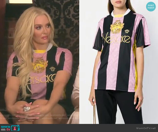 Versace Embroidered Logo Football T-shirt worn by Erika Jayne on The Real Housewives of Beverly Hills