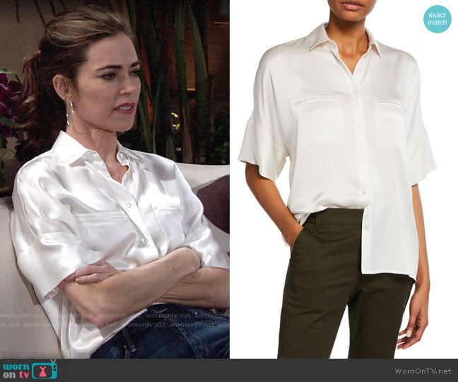 Vince Button-Down Silk Satin Blouse in White worn by Victoria Newman (Amelia Heinle) on The Young and the Restless