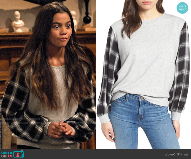 Vince Camuto Plaid Sleeve Sweatshirt worn by Nick (Siena Agudong) on No Good Nick