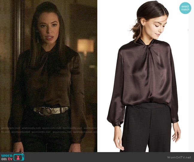 Vince Knotted Silk Blouse in Black Truffle worn by Tessa (Chloe Bridges) on Charmed