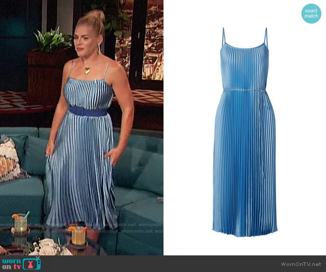Vince Pleated Satin Slipdress in Blue Pumice worn by Busy Philipps on Busy Tonight
